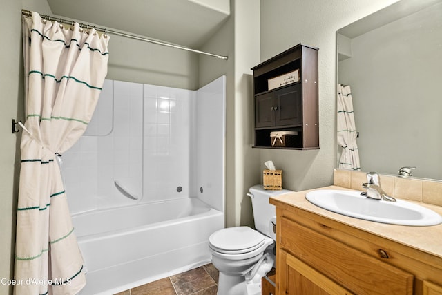 bathroom with vanity, toilet, and shower / bath combination with curtain
