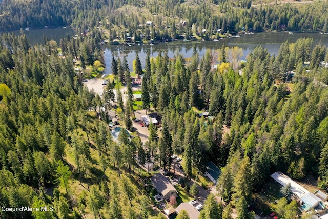 birds eye view of property with a water view and a view of trees