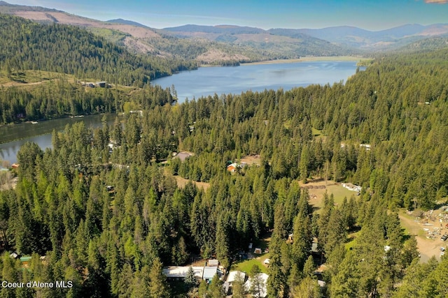 drone / aerial view with a water and mountain view and a view of trees