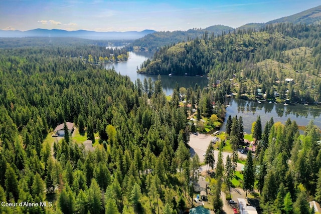 bird's eye view featuring a wooded view and a water and mountain view