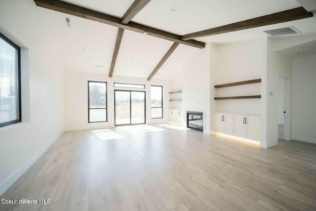 1373 N Gabrio Ct, Post Falls, ID 83854 - unfurnished living room featuring light wood-style flooring, beamed ceiling, a fireplace, baseboards, and visible vents