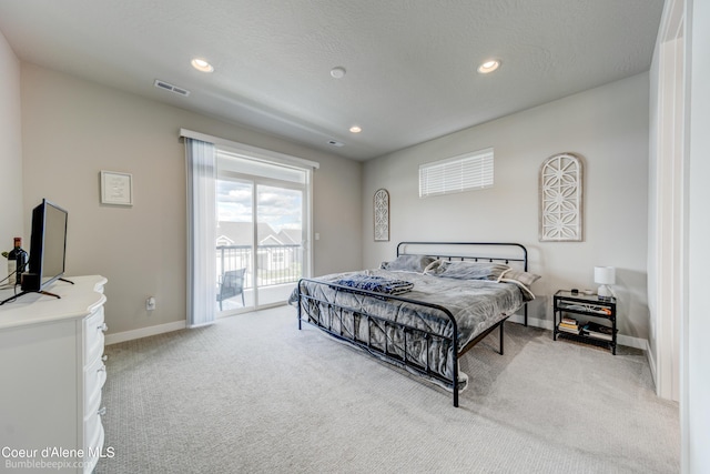 bedroom with visible vents, baseboards, access to outside, light carpet, and recessed lighting