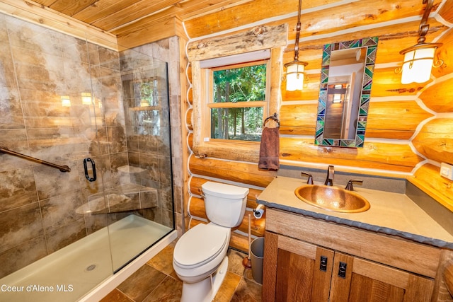 bathroom featuring vanity, log walls, toilet, wood ceiling, and a shower stall