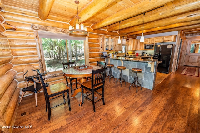 dining space with a chandelier, wood ceiling, beamed ceiling, dark wood-style floors, and log walls