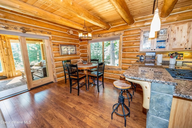 dining area featuring wood ceiling, rustic walls, beam ceiling, and dark wood-style floors