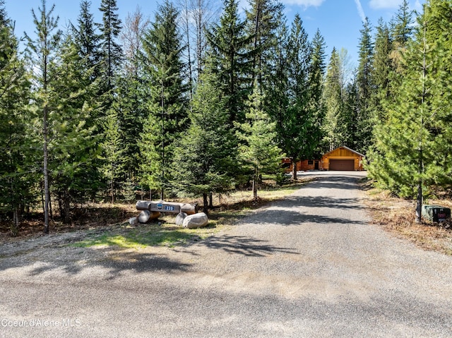view of street featuring driveway and a forest view