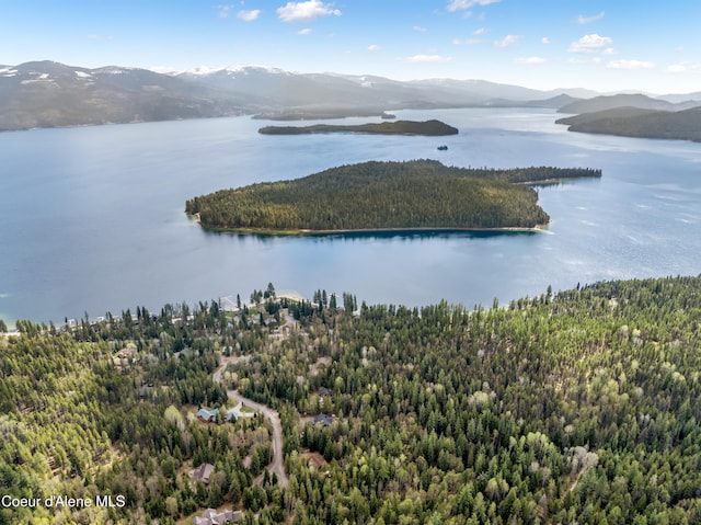 drone / aerial view with a forest view and a water and mountain view