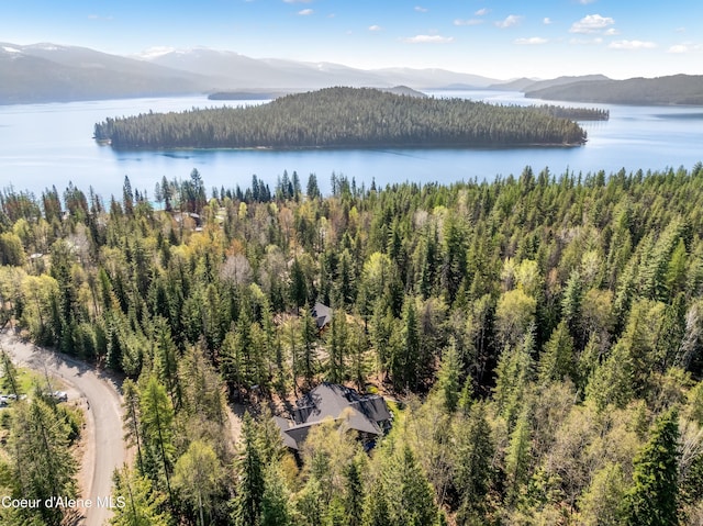 aerial view with a wooded view and a water and mountain view