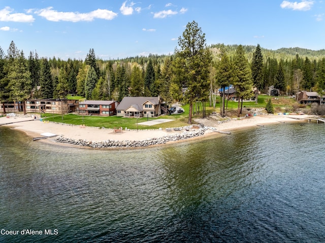 drone / aerial view featuring a view of trees and a water view