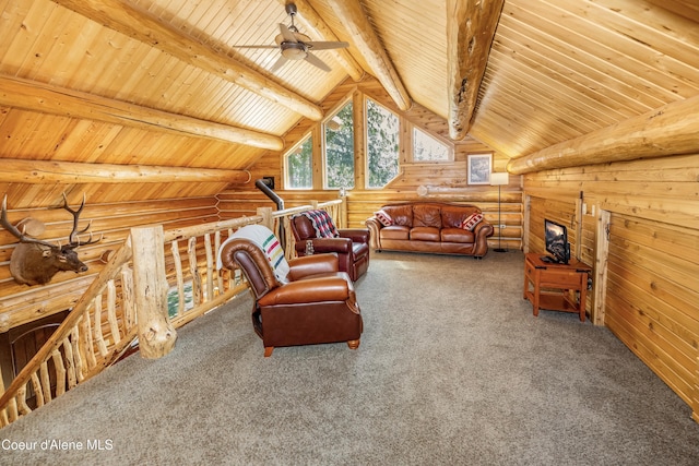 sitting room with a ceiling fan, log walls, and wood ceiling