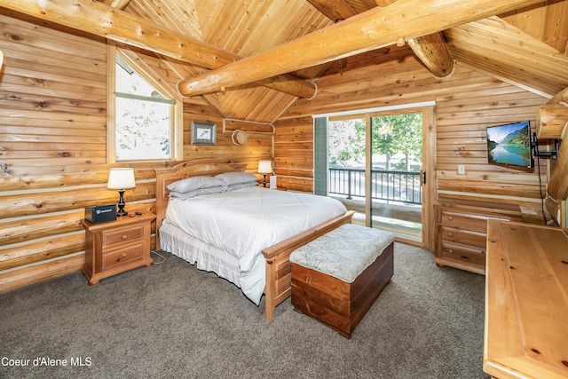 carpeted bedroom with access to outside, multiple windows, and vaulted ceiling with beams