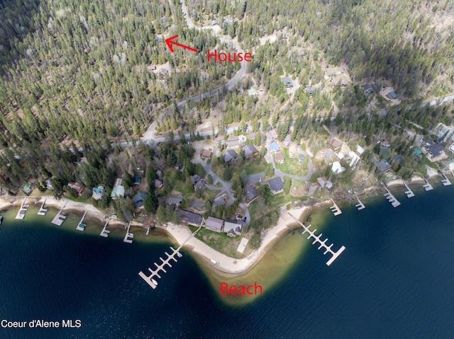 drone / aerial view featuring a water view