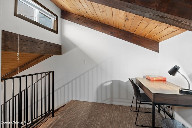 additional living space with wood ceiling, beam ceiling, and wood finished floors
