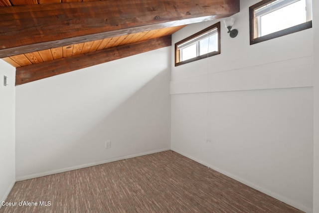 below grade area with wooden ceiling and carpet flooring