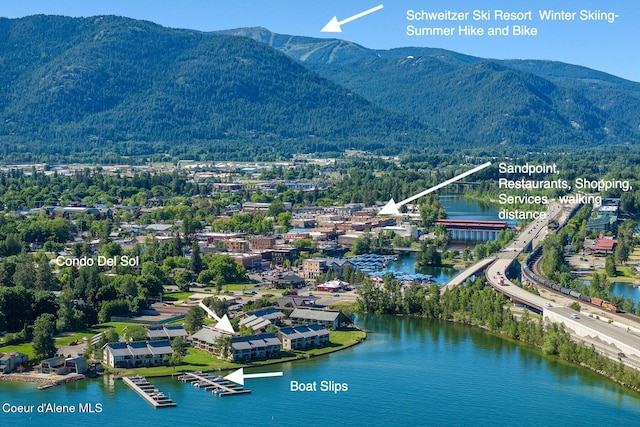 birds eye view of property with a water and mountain view