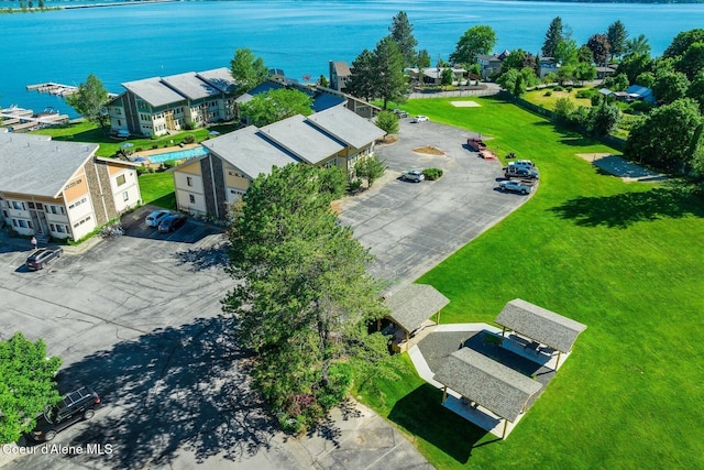 drone / aerial view featuring a water view