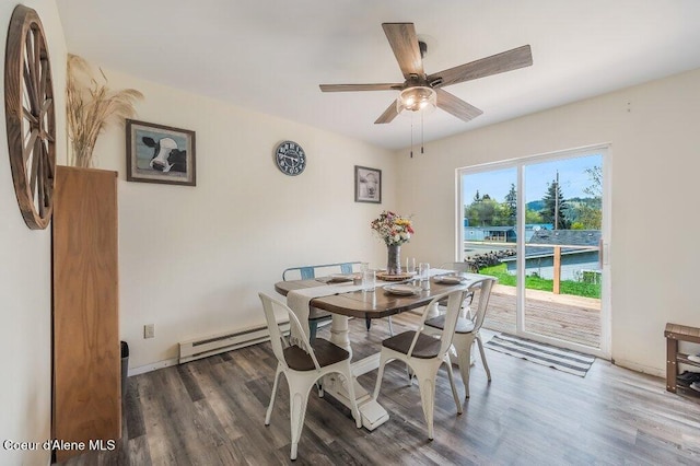 820 Plum Ln, Saint Maries, ID 83861 - dining room featuring a ceiling fan, wood finished floors, and baseboard heating