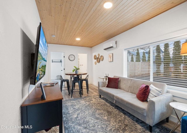 living area with wooden ceiling, a wall mounted AC, recessed lighting, and wood finished floors