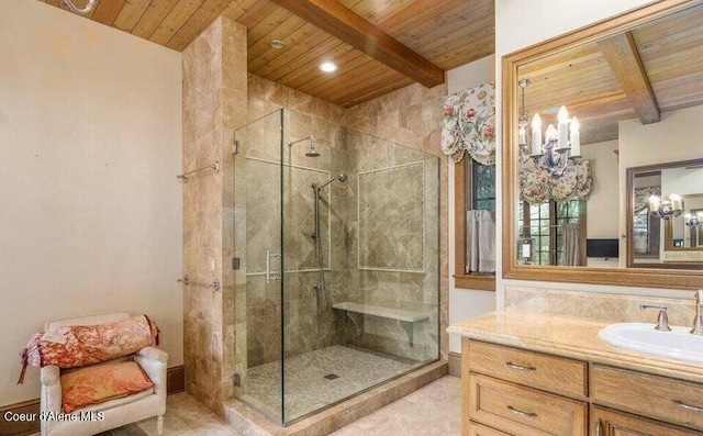 7566 E Gem Shores Rd, Hayden, ID 83835 - full bath featuring wood ceiling, beam ceiling, and a shower stall