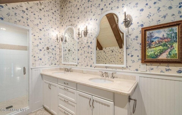 7566 E Gem Shores Rd, Hayden, ID 83835 - bathroom featuring a sink, wainscoting, a stall shower, and wallpapered walls