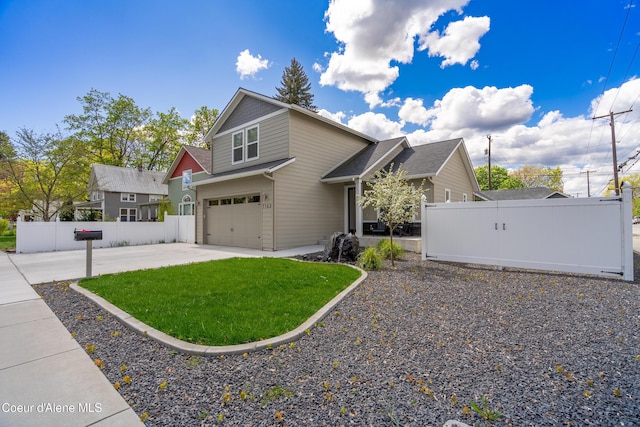 view of front of house featuring an attached garage, a front lawn, fence, and concrete driveway