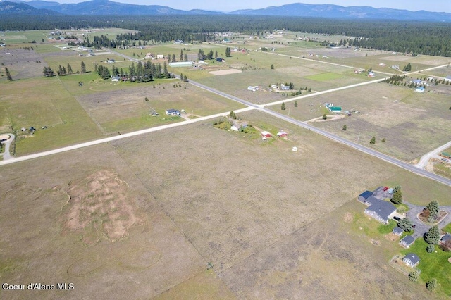 drone / aerial view featuring a mountain view and a rural view