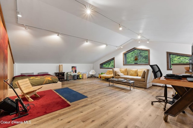 172 Elk Hills Rd, Sandpoint, ID 83864 - office area featuring track lighting, vaulted ceiling, and light wood-style floors