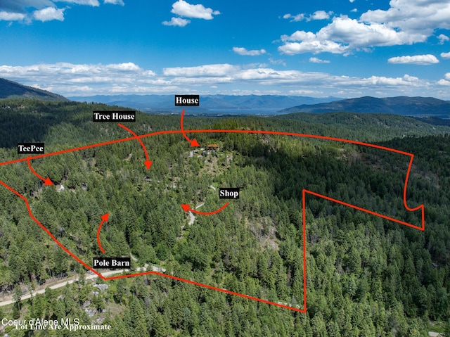172 Elk Hills Rd, Sandpoint, ID 83864 - aerial overview of property's location with a forest, a mountainous background, and property boundaries highlighted