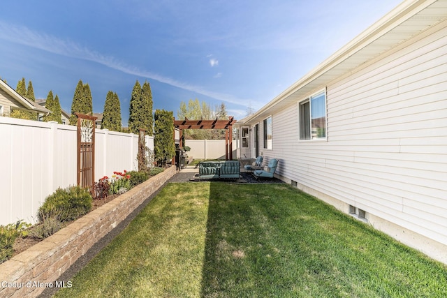 view of yard featuring a fenced backyard, a pergola, and an outdoor hangout area
