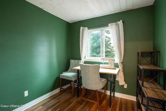 dining area with baseboards, wood ceiling, and wood finished floors