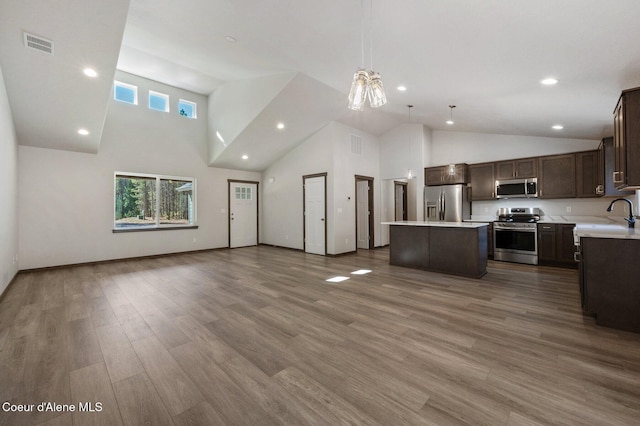 24903 N Old Highway 95, Athol, ID 83801 - kitchen with stainless steel appliances, open floor plan, a kitchen island, dark brown cabinets, and high vaulted ceiling