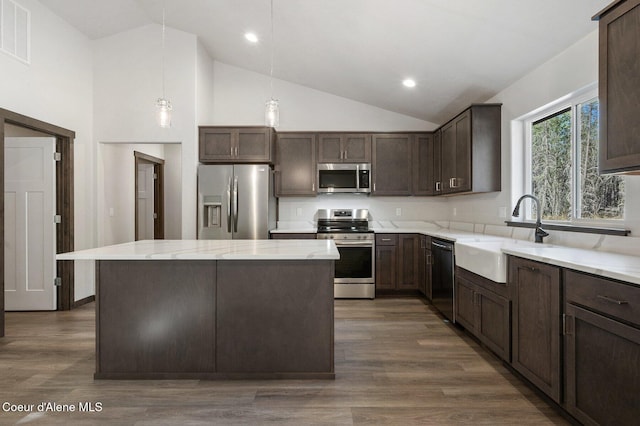 24903 N Old Highway 95, Athol, ID 83801 - kitchen with stainless steel appliances, dark brown cabinetry, a kitchen island, dark wood-type flooring, and high vaulted ceiling