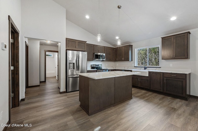 24903 N Old Highway 95, Athol, ID 83801 - kitchen featuring appliances with stainless steel finishes, dark brown cabinets, wood finished floors, light countertops, and recessed lighting