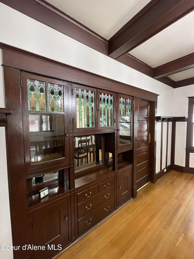 6990 Denver St, Bonners Ferry, ID 83805 - interior details with beamed ceiling and wood finished floors