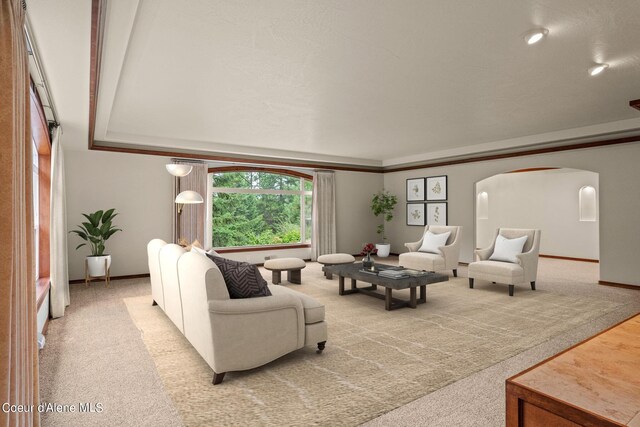 1358 S Starlight Dr, Coeur Dalene, ID 83814 - living room with baseboards, arched walkways, and light colored carpet