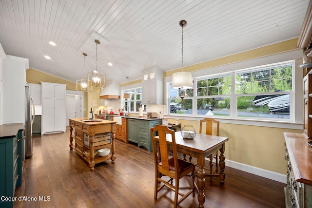dining space with wood ceiling, baseboards, a notable chandelier, recessed lighting, and dark wood-type flooring