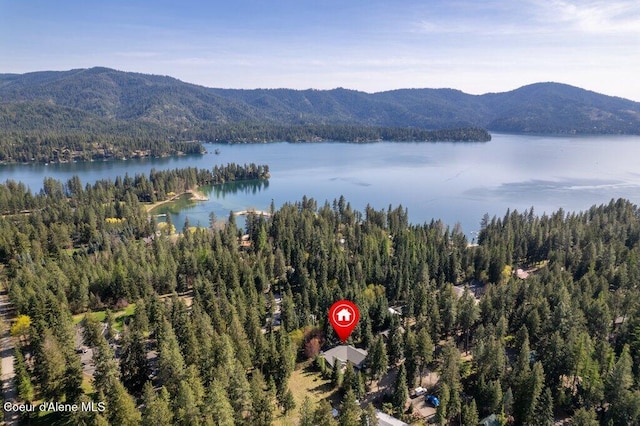 aerial view featuring a water and mountain view and a wooded view