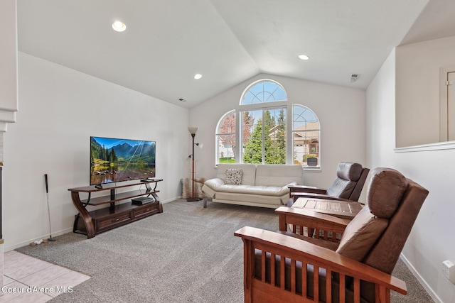 living room featuring carpet floors, vaulted ceiling, recessed lighting, and visible vents