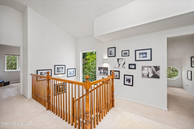 stairway with baseboards, carpet, and plenty of natural light