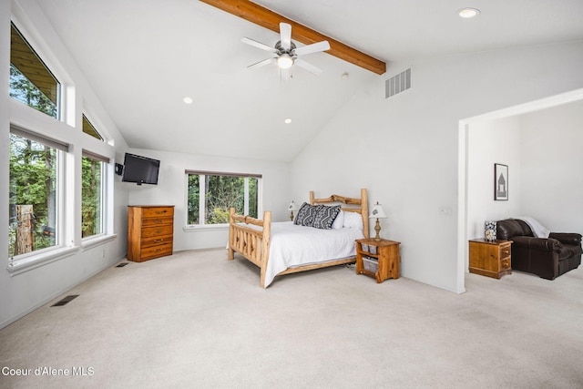 carpeted bedroom featuring multiple windows, beamed ceiling, recessed lighting, and visible vents