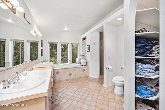 bathroom featuring vanity, plenty of natural light, a bath, and lofted ceiling