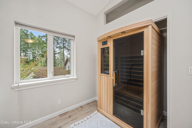 view of sauna / steam room with baseboards and wood finished floors