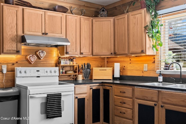 kitchen with electric range, dark countertops, a sink, light brown cabinets, and under cabinet range hood