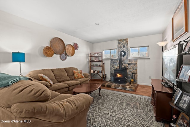 living room featuring wood finished floors and a wood stove