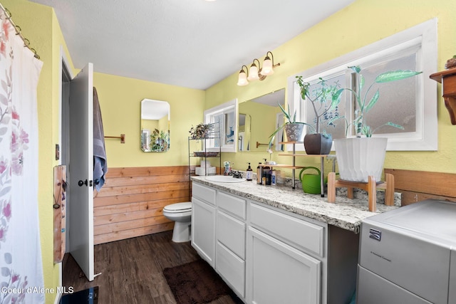 bathroom with a wainscoted wall, toilet, wood finished floors, and vanity