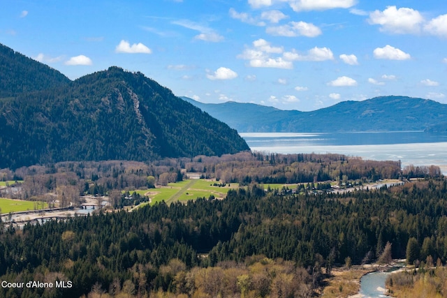 property view of mountains featuring a water view and a view of trees