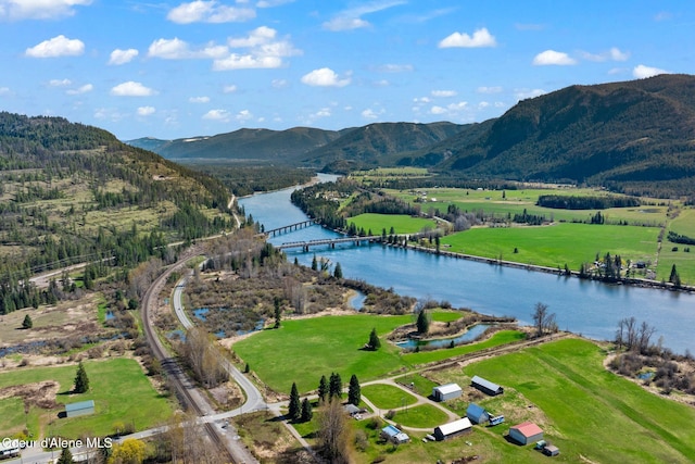 bird's eye view featuring a water and mountain view