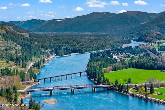 bird's eye view with a water and mountain view and a forest view