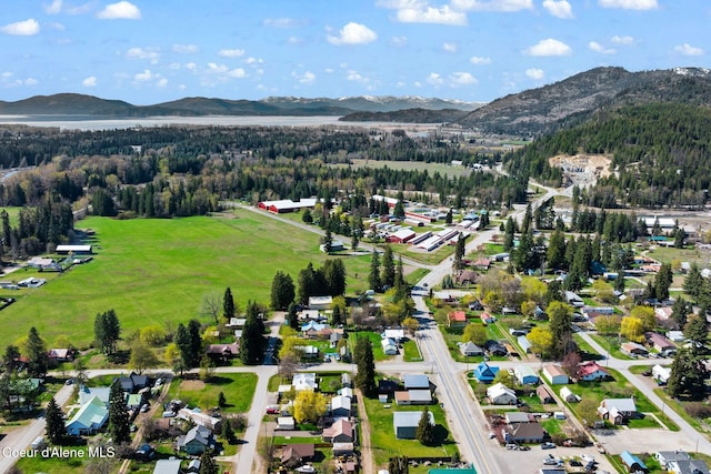 drone / aerial view featuring a view of trees and a mountain view
