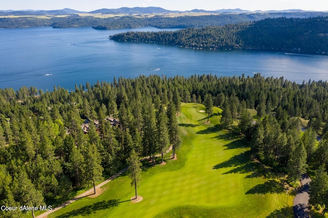 drone / aerial view with view of golf course, a wooded view, and a water and mountain view